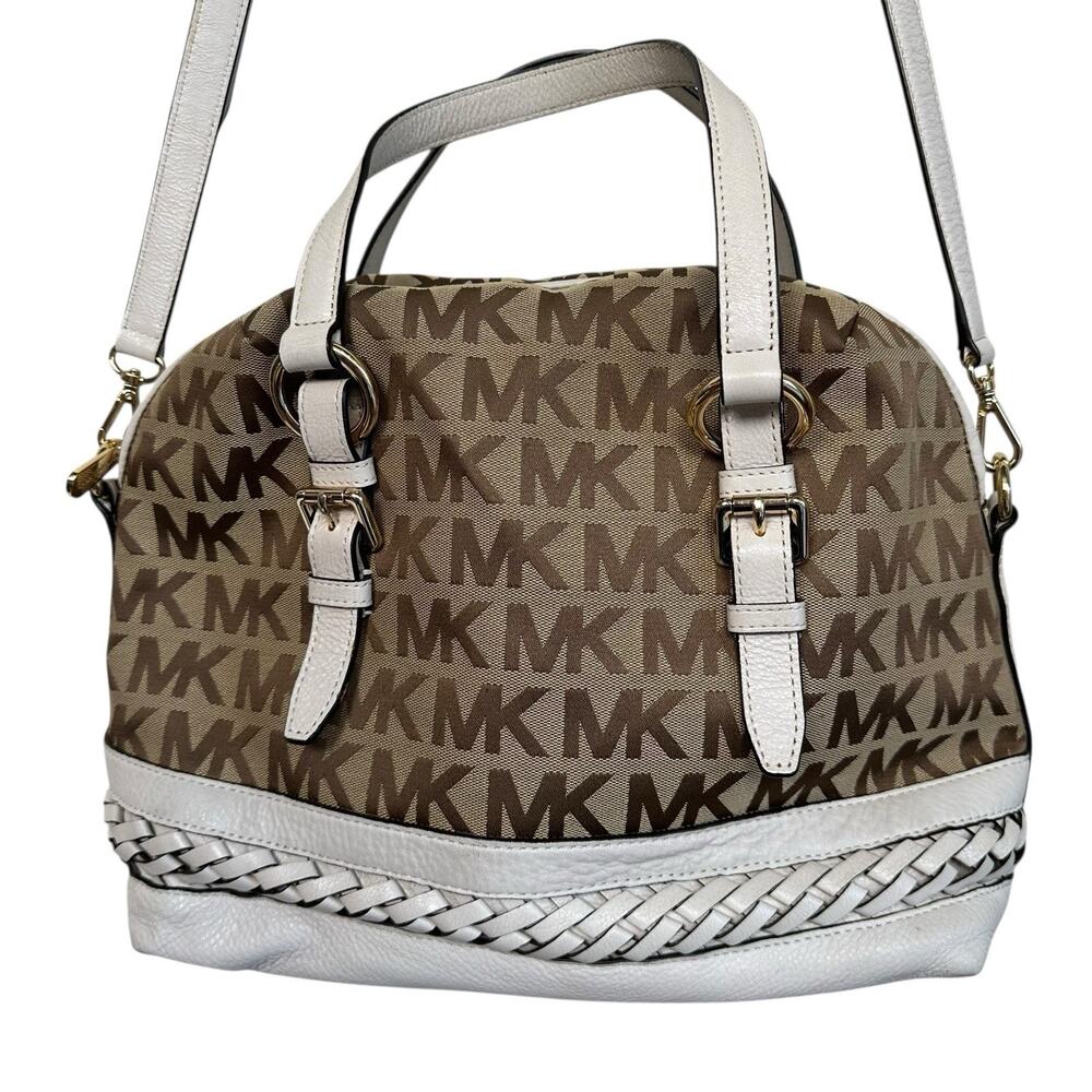 Michael Kors Gladstone Beige/White MK Logo Large Braided Handbag Crossbody Purse